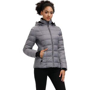 🆕 Women Grey Down Puffer Jacket Warm Winter Coat Faux-Fur Collar Hooded Comfort